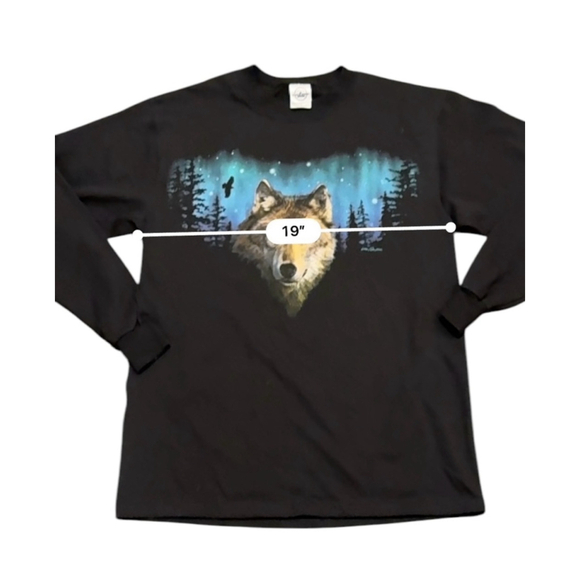 Vintage 90s Delta Magnum Weight Wolf Northern Lights Graphic Long Sleeve Tee Med - Picture 5 of 7